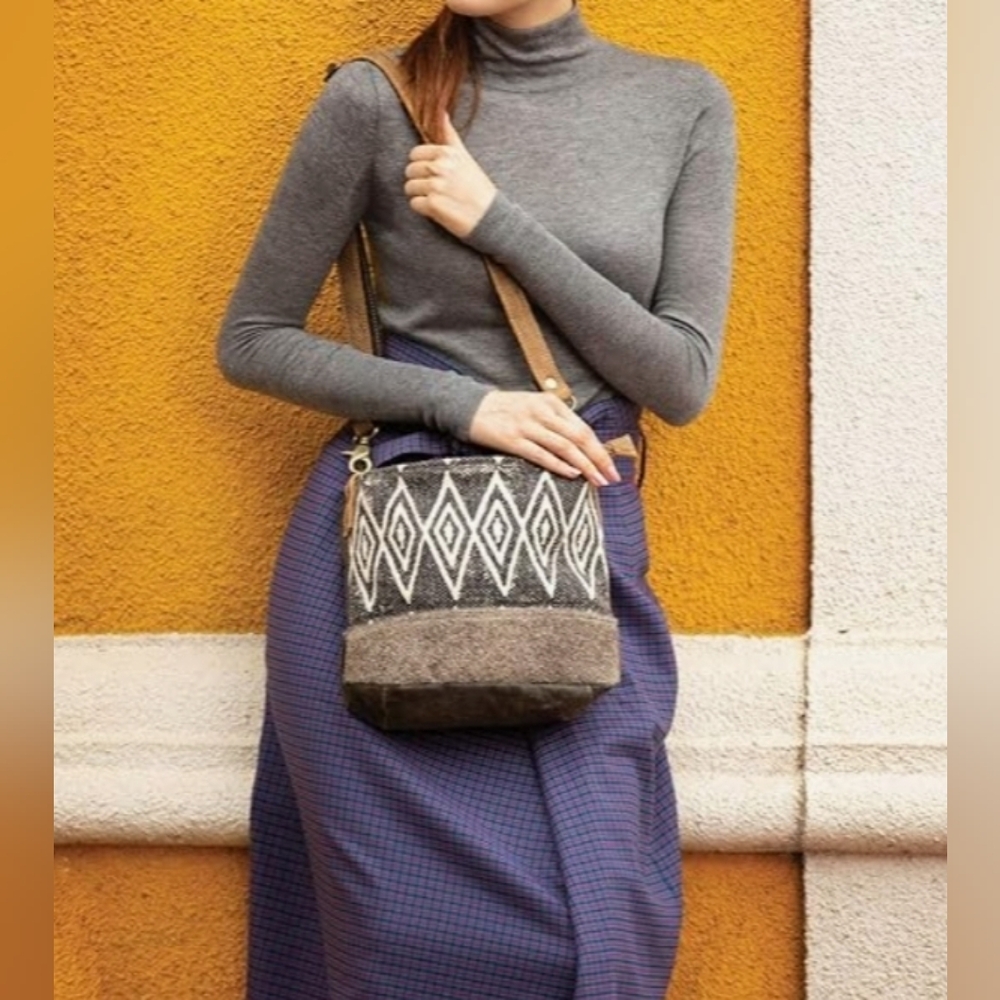 Myra Bag Azure Upcycled Leather Hide Canvas